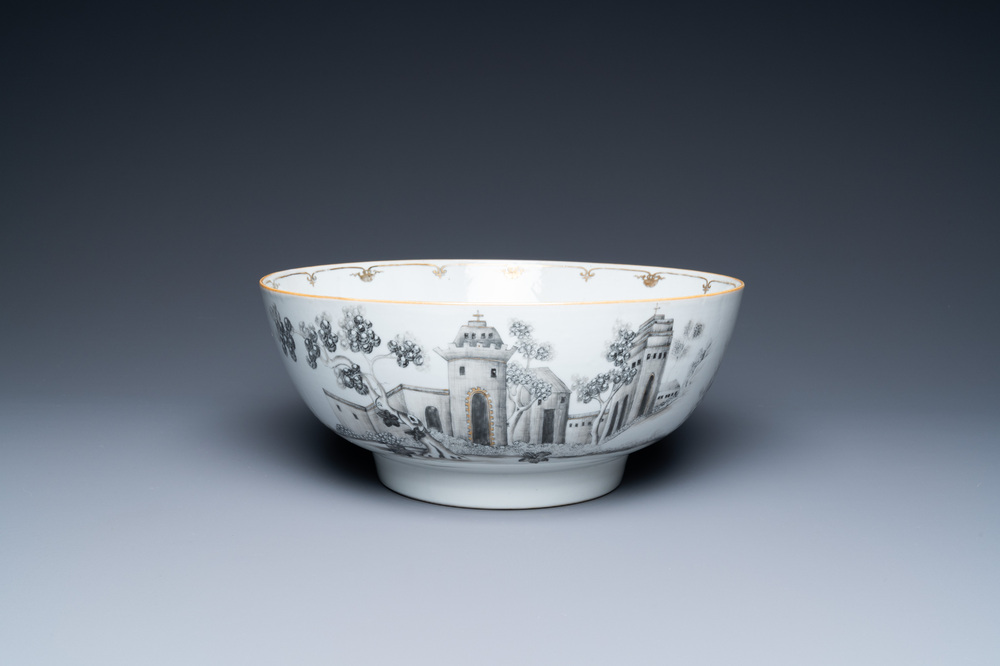 A Chinese grisaille and gilt bowl depicting a convent and birds in a landscape, Qianlong