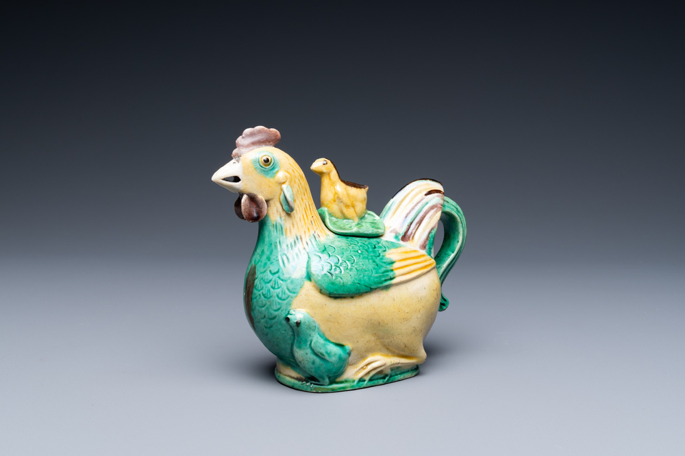 A Chinese sancai-glazed hen-shaped ewer and cover, Kangxi