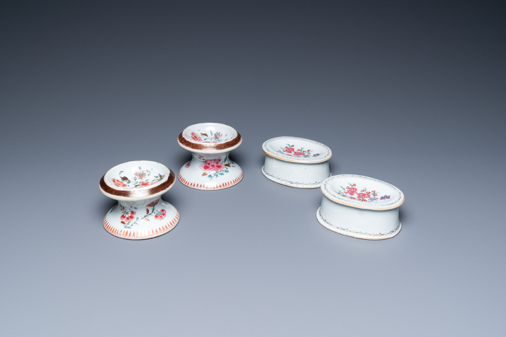 Two pairs of Chinese famille rose salts, Qianlong