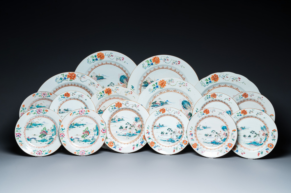 Sixteen Chinese famille rose dishes with fine landscapes, Qianlong