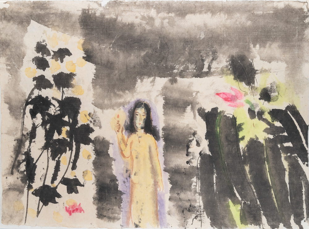 Ly Truc Son (Vietnam, 1949-): 'Femme au chandelier', aquarelle sur papier, ca. 1989