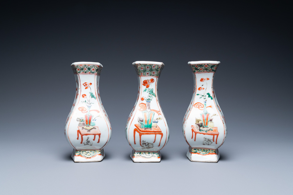 Three Chinese famille verte wall vases, Kangxi
