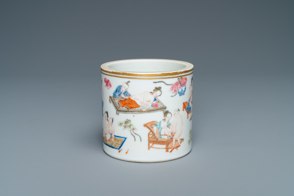 A Chinese famille rose 'erotic subject' brush pot, 1st half 19th C.