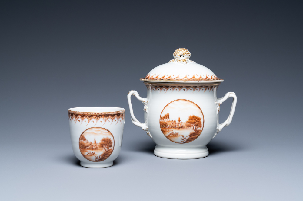 A Chinese covered bowl and a cup with a fine landscape medallion, Qianlong/Jiaqing