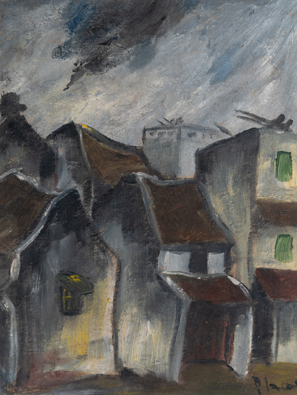 Bui Xuan Phai (Vietnam, 1920-1988): 'War planes above old Hanoi houses', oil on paper, ca. 1972
