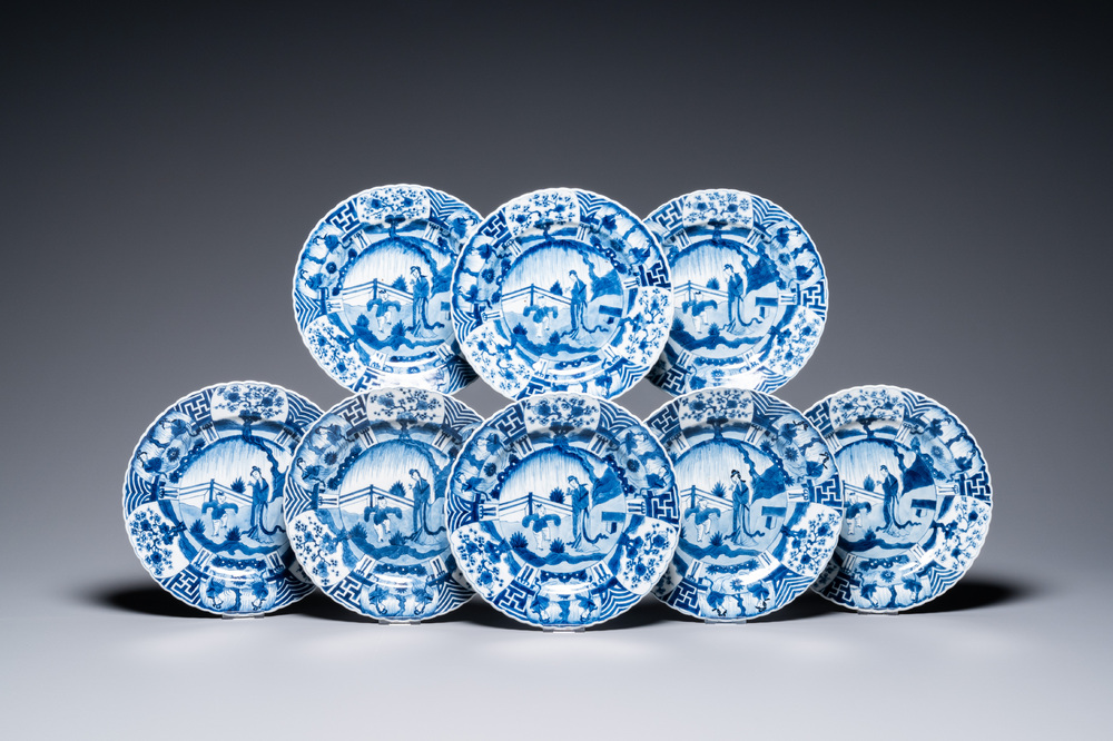 Eight Chinese blue and white plates with boys and ladies, 19th C.