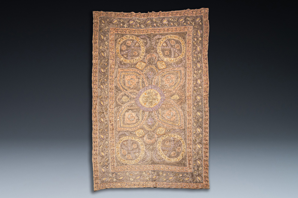 A large Ottoman silvered- and gilt-metal-wired linen cloth, Turkey, 19/20th C.