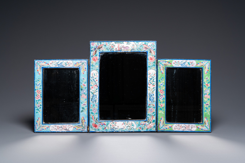 A Chinese Canton enamel three-screen folding mirror, Qianlong/Jiaqing