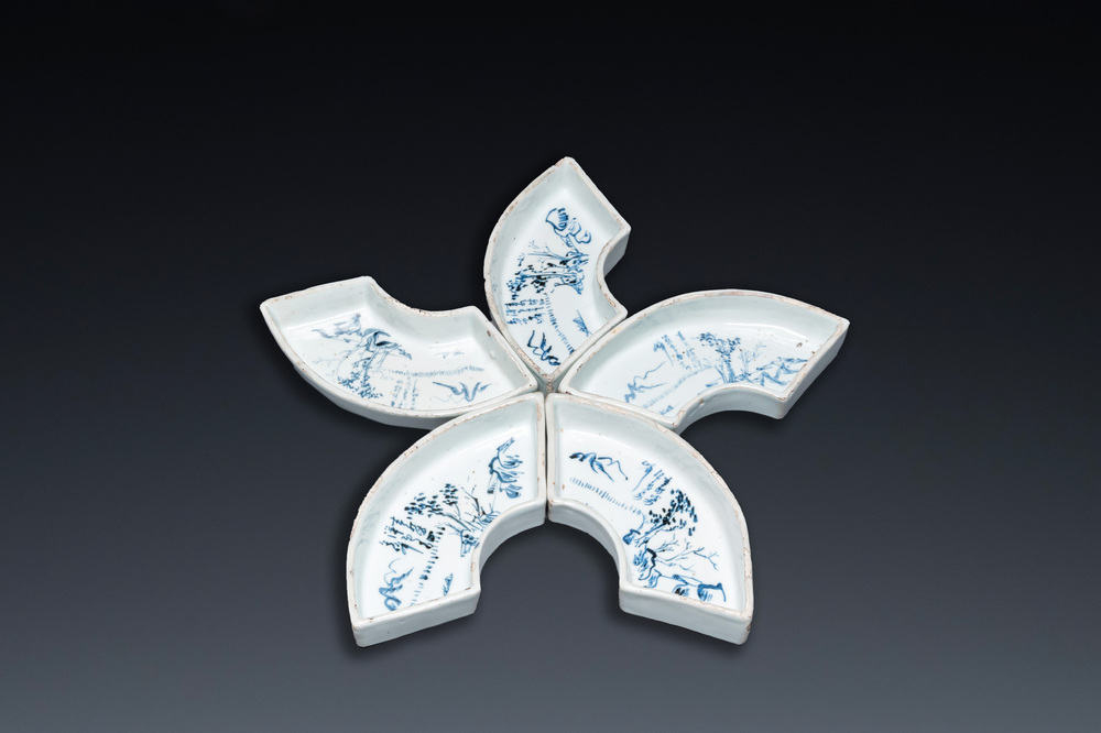 Five Chinese blue and white ko-sometsuke fan-shaped bowls for the Japanese market, Tianqi