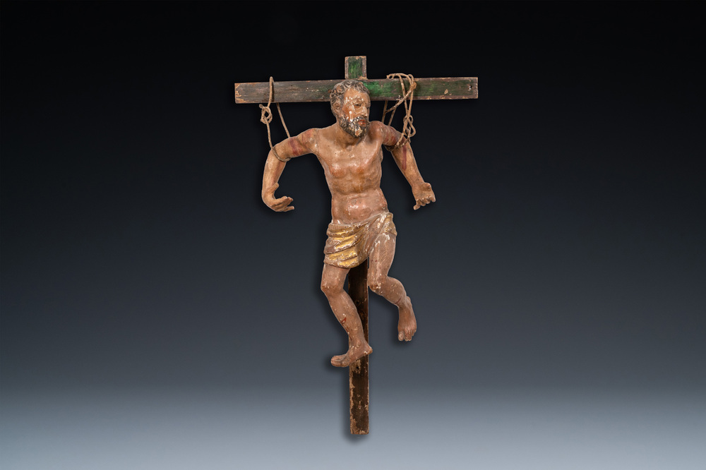 Une figure du Saint Dismas ou 'Le Bon Larron' crucifi&eacute; en bois sculpt&eacute; polychrom&eacute;, Espagne, 16&egrave;me