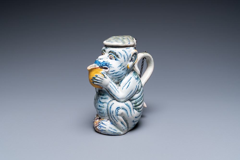 A polychrome Dutch Delft monkey-shaped ewer and cover, 18th C.