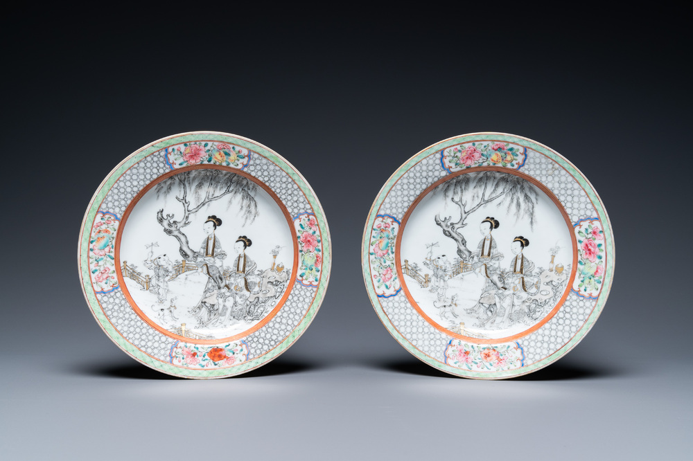 A pair of Chinese famille rose eggshell plates with fine grisaille and gilt designs, Yongzheng mark and of the period