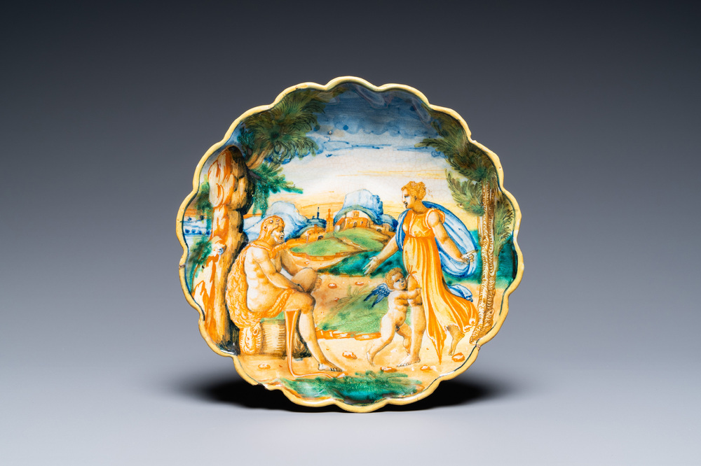 A polychrome Italian maiolica 'Hercules and Omphale' crespina, Urbino, 16th C.