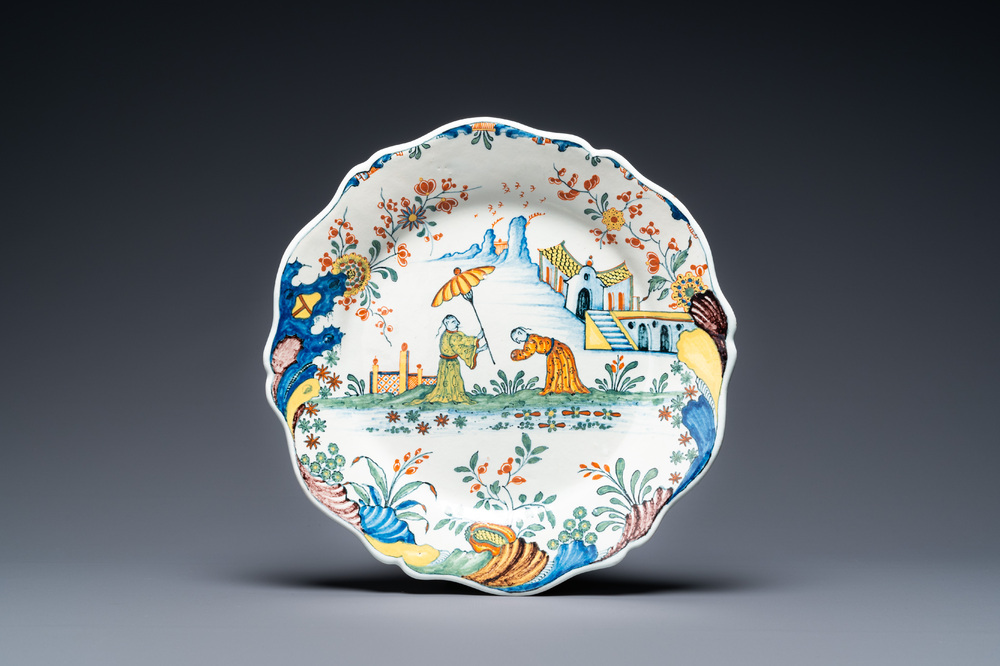 A fine polychrome French faience 'chinoiserie' dish with lobed border, Rouen, 1st half 18th C.