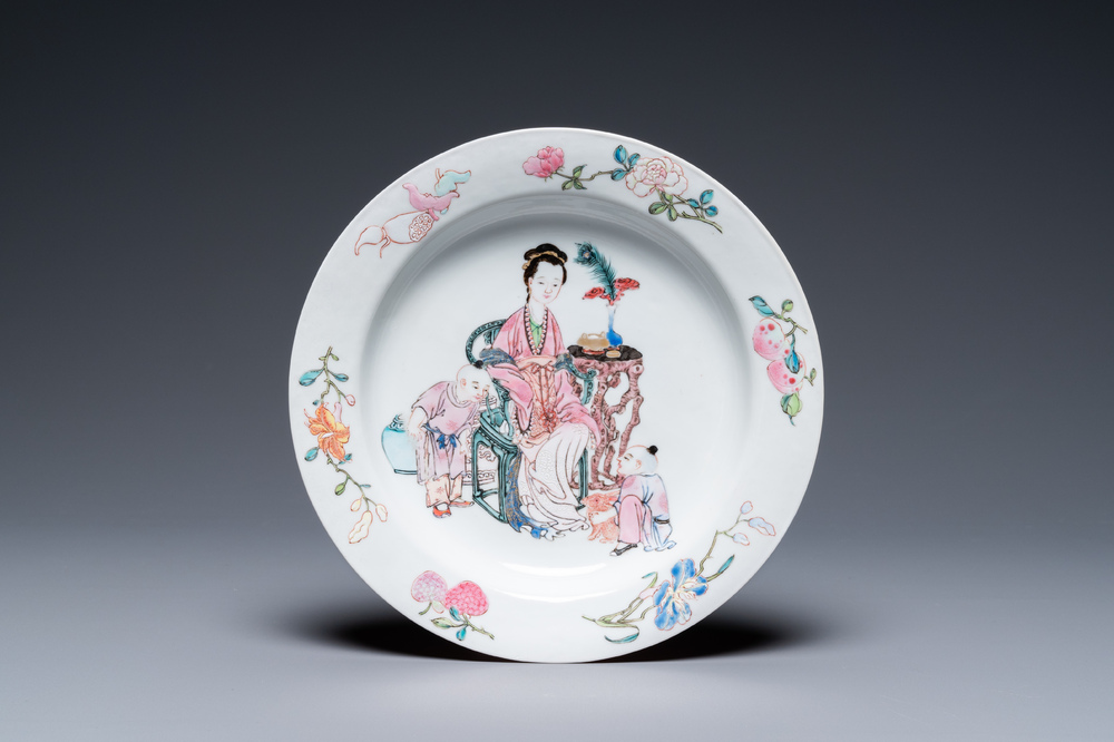 A Chinese famille rose 'ruby back' eggshell porcelain plate, Yongzheng