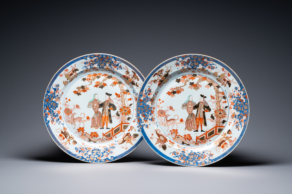 A pair of large Chinese verte-Imari 'Governor Duff' dishes, Yongzheng