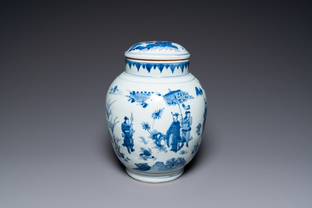 A Chinese blue and white covered jar with a narrative scene, Transitional period