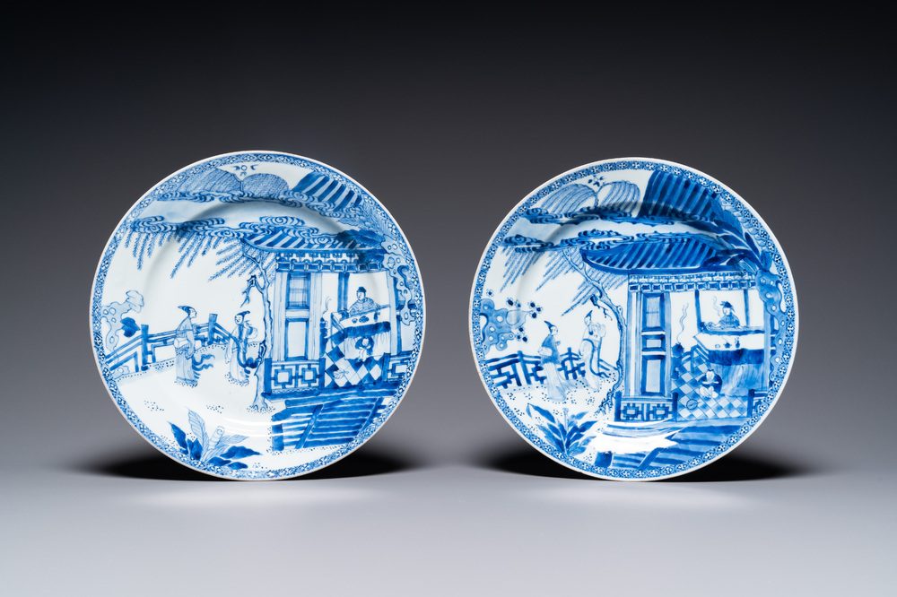 A pair of Chinese blue and white 'Xi Xiang Ji' dishes, Yongzheng