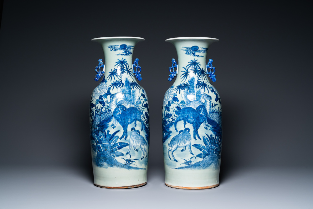 A pair of Chinese blue and white celadon-ground vases with rams, 19th C.