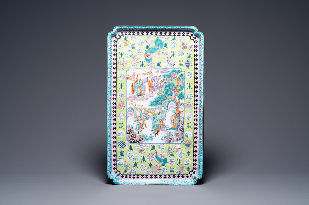 A massive Chinese rectangular Canton enamel tray, Qianlong/Jiaqing