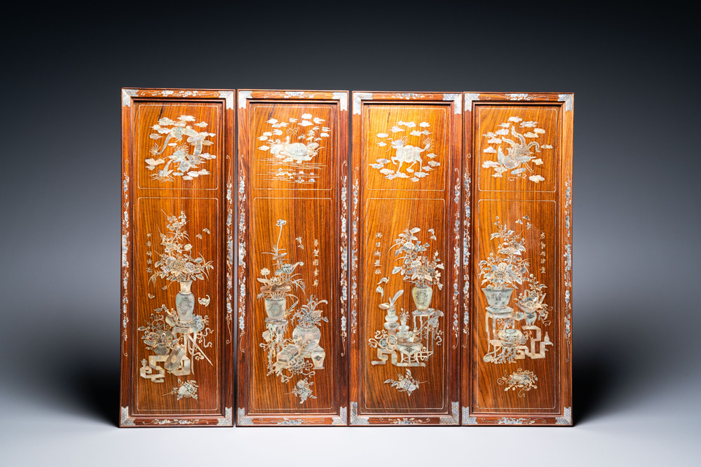 Four Chinese or Vietnamese mother-of-pearl-inlaid wooden panels, 19/20th C.
