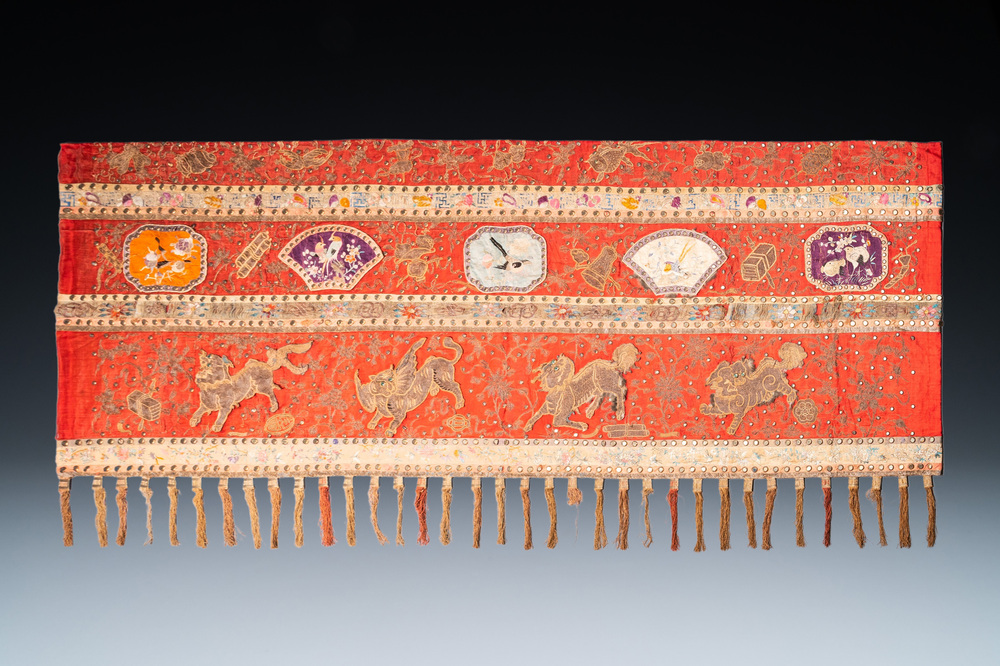 A large Chinese rectangular embroidered silk 'mythical animals' cloth, 19th C.