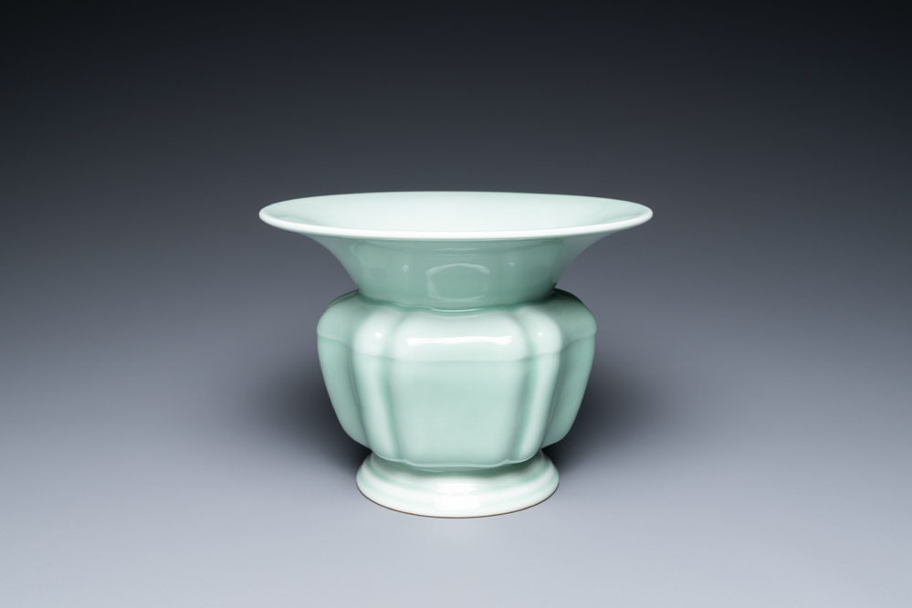 A Chinese monochrome celadon 'zhadou' spittoon, Yongzheng mark, Republic