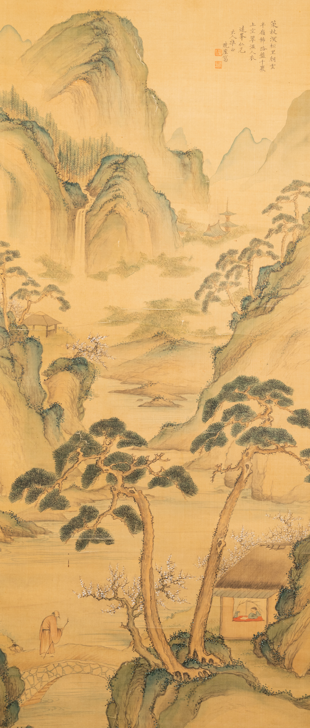 Xiao Ya: 'Paysage montagneux aux pins', encre et couleurs sur soie, 19/20&egrave;me