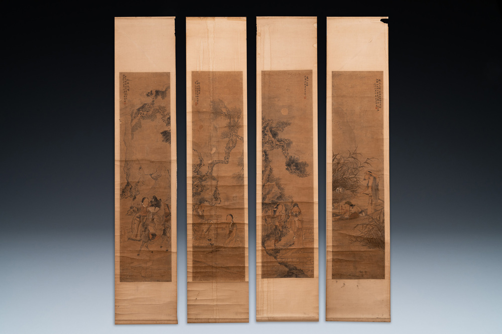 Luo Qing (1821-1899): quatre rouleaux figurant des personnages dans des paysages, encre et couleurs sur papier