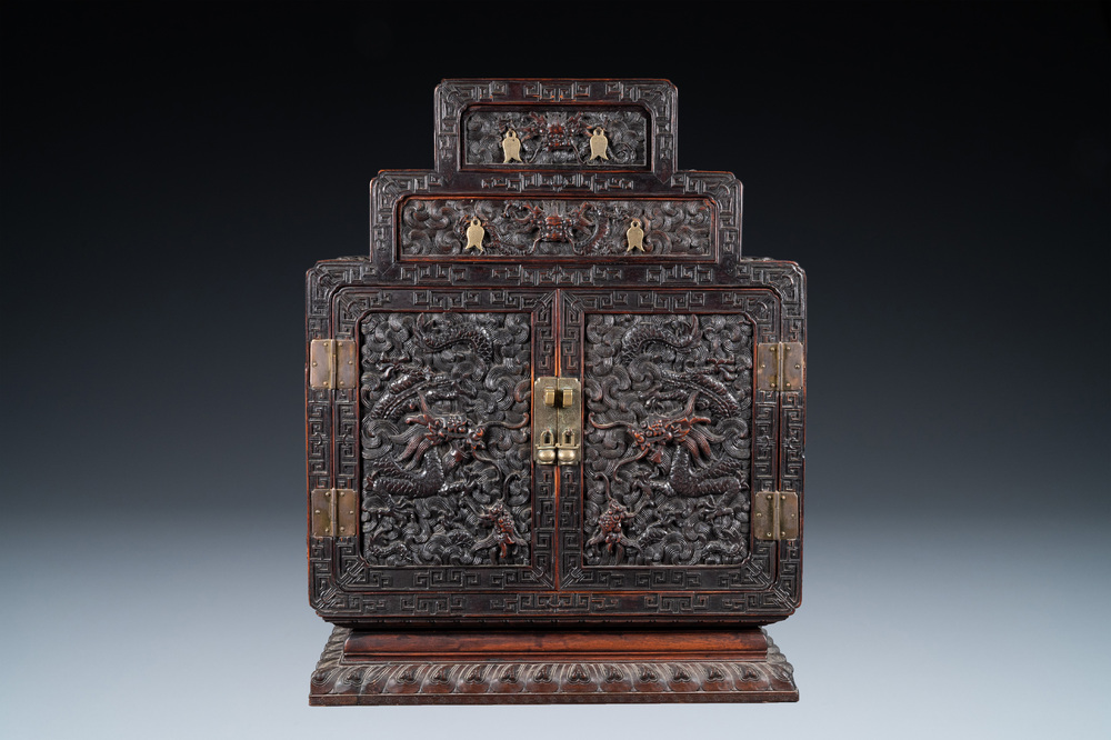 A Chinese zitan wood 'duo bao ge' cabinet of curiosities with five-clawed dragons, Qing