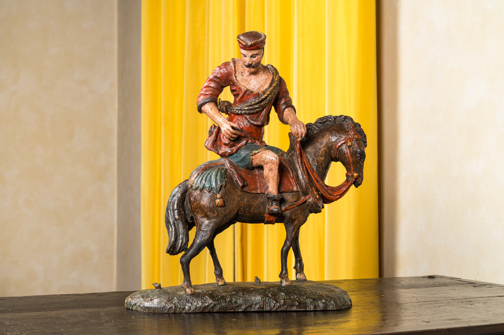 Saint Martin sur son cheval en ch&ecirc;ne sculpt&eacute; et polychrom&eacute;, Flandres, Anvers, 16&egrave;me