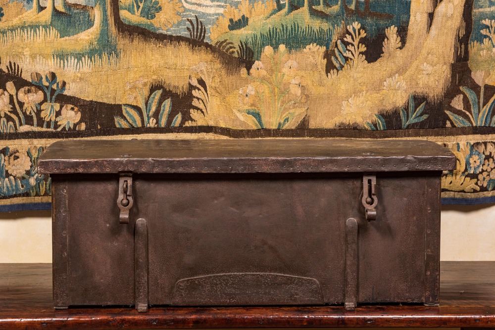 An iron chest with wooden interior, 18th C.