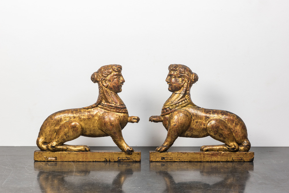 A pair of gilt wooden models of sphinx, France or Italy, 18th C.