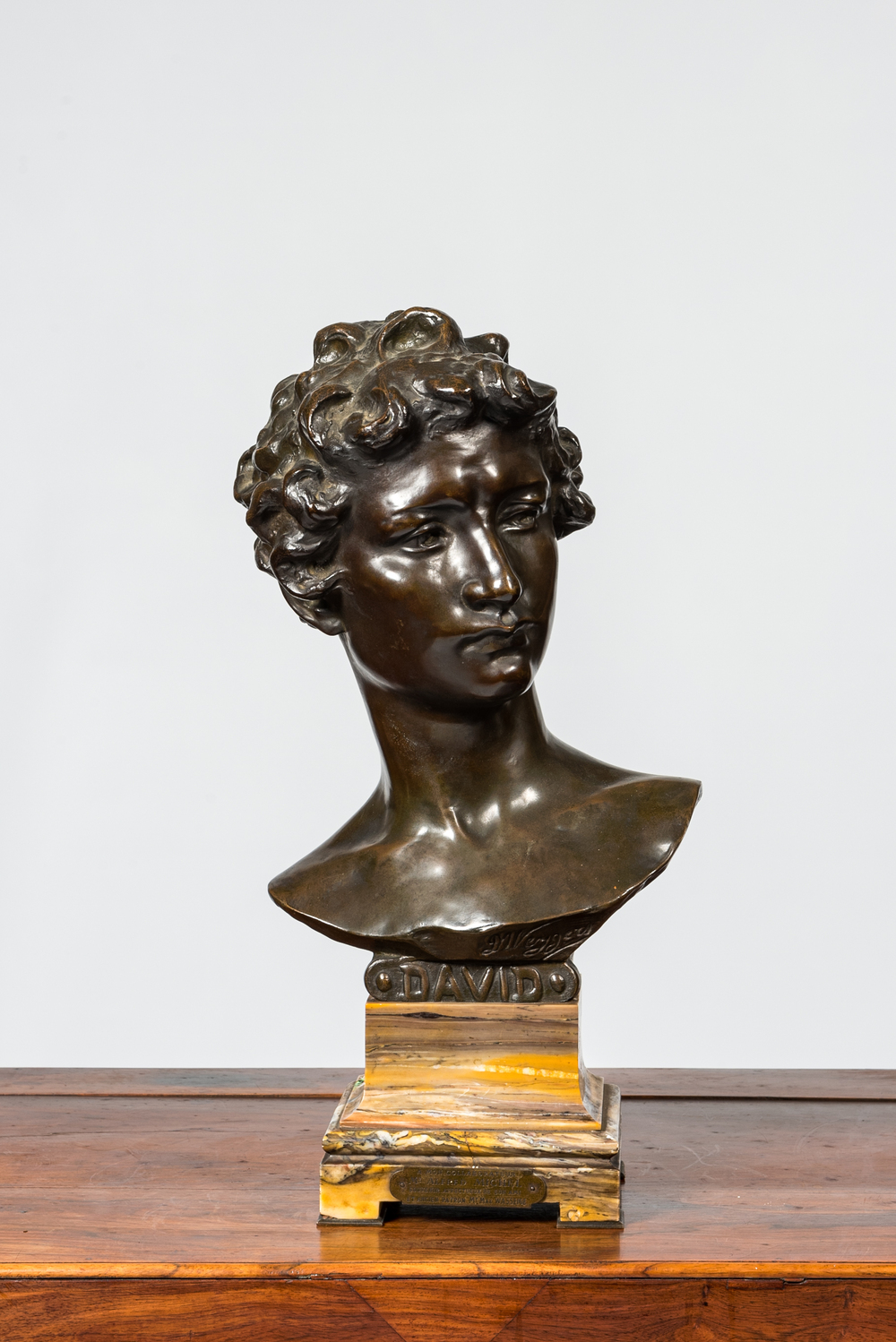 D&eacute;sir&eacute; Weygers (1868-1940): 'David', patinated bronze on a marble base