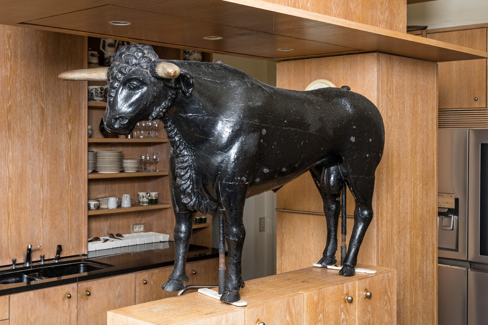 A large painted wooden model of a bull, early 20th C.