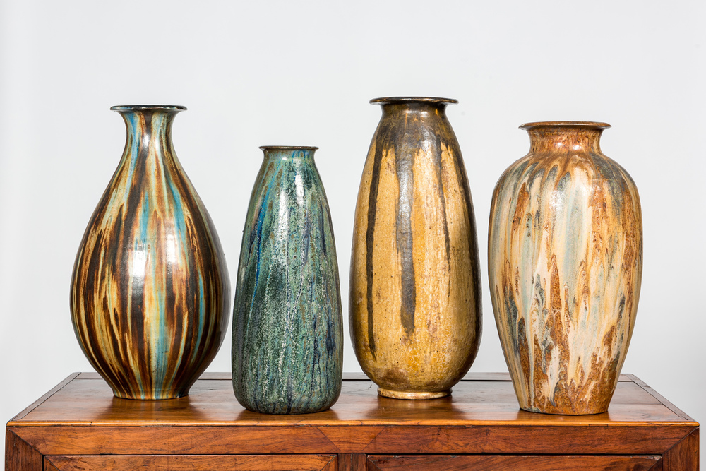Four polychrome glazed stoneware vases, a.o. Roger Gu&eacute;rin and Edgard Aubry, 20th C.