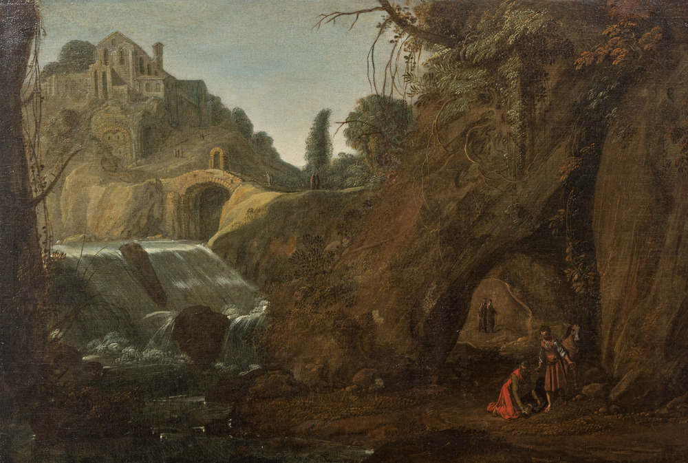 Franse school: 'Reizigers in een landschap', olie op doek, 17e eeuw