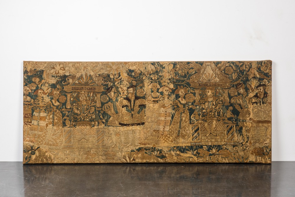 Fragment de broderie en laine en points lanc&eacute;s repr&eacute;sentant 'Salomon et la Reine de Sabba', Flandres ou Angleterre, fin du 16&egrave;me