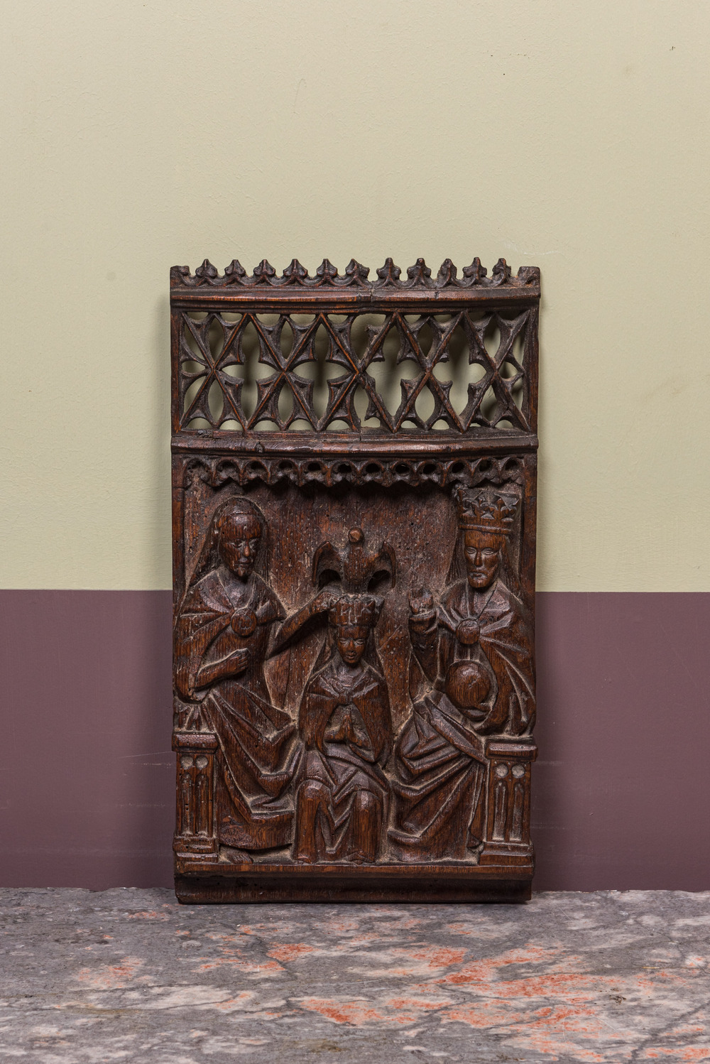 A Flemish carved oak panel depicting the crowning of the Virgin, Brabant, 1st half 16th C.
