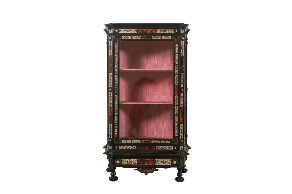 An Italian tortoise and ebony veneer bone-inlaid display cabinet, 19th C.