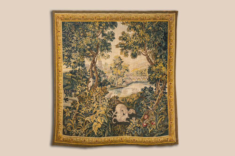 A French Aubusson wall tapestry with a wolf battling a fox in a forest setting with castle view, 19th C.