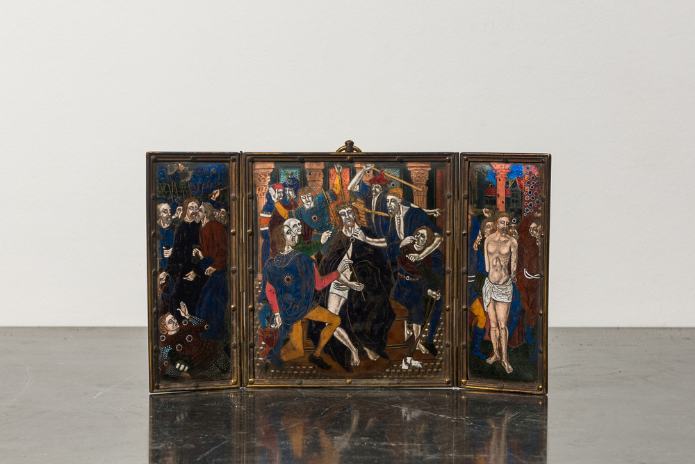 A French Limoges style enamel triptych depicting the Kiss of Judas, The Crowning with Thorns and The Flagellation, 19th C.