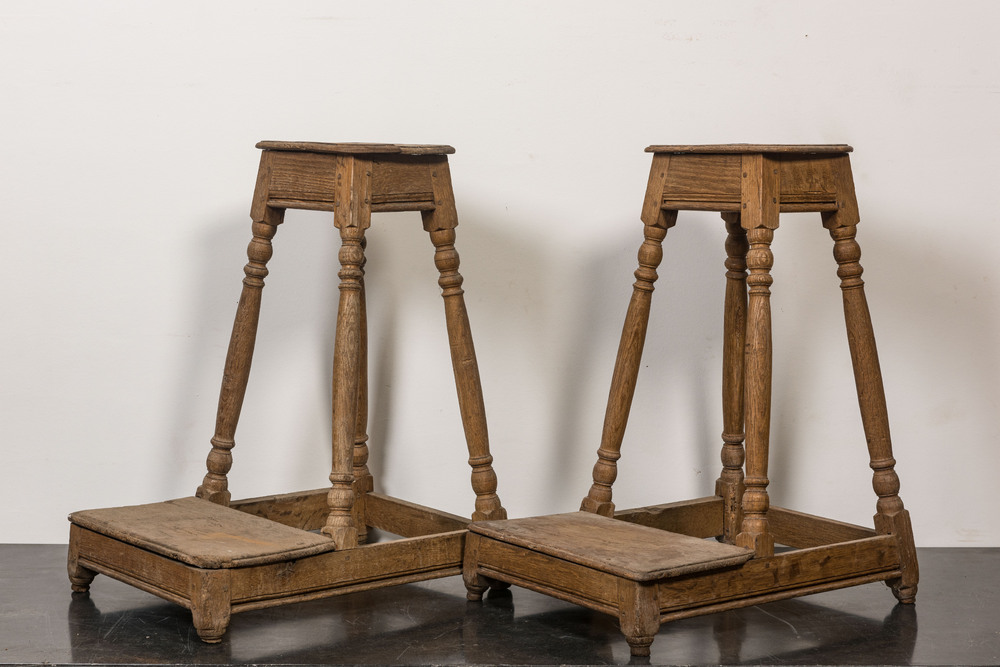 A pair of wooden prayer benches or stools, 18/19th C.