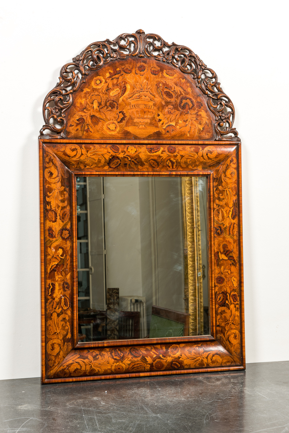 An English walnut and marquetry William and Mary-style mirror, 18/19th C.