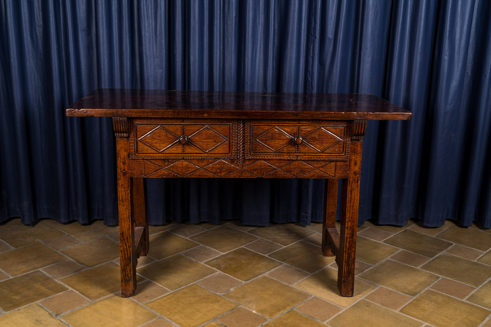 A Spanish walnut table with two drawers, 17th C.