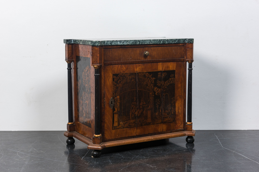 A marble-topped one-door buffet in burr walnut veneer painted with a romantic scenery, 19th C.