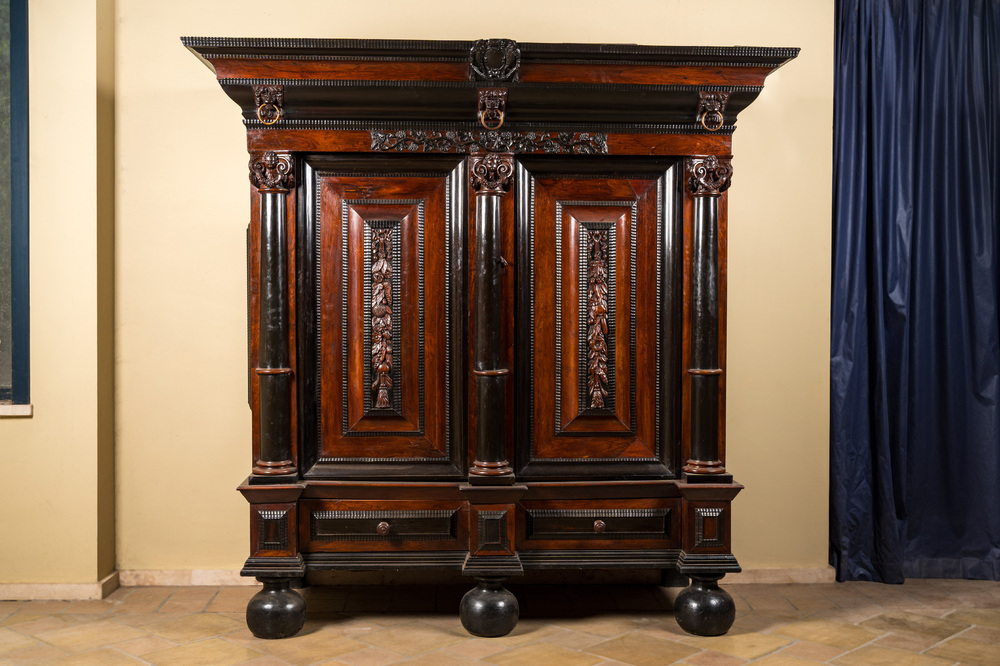 A Dutch walnut and ebony 'column' cupboard, 17th