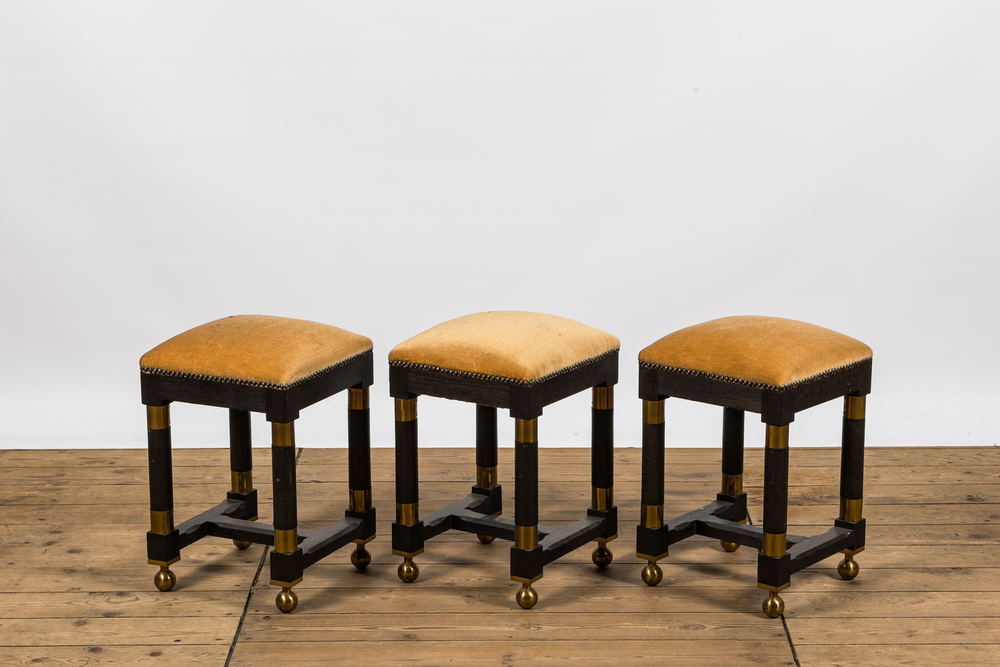 Three square black painted brass mounted wooden stools, 20th C.