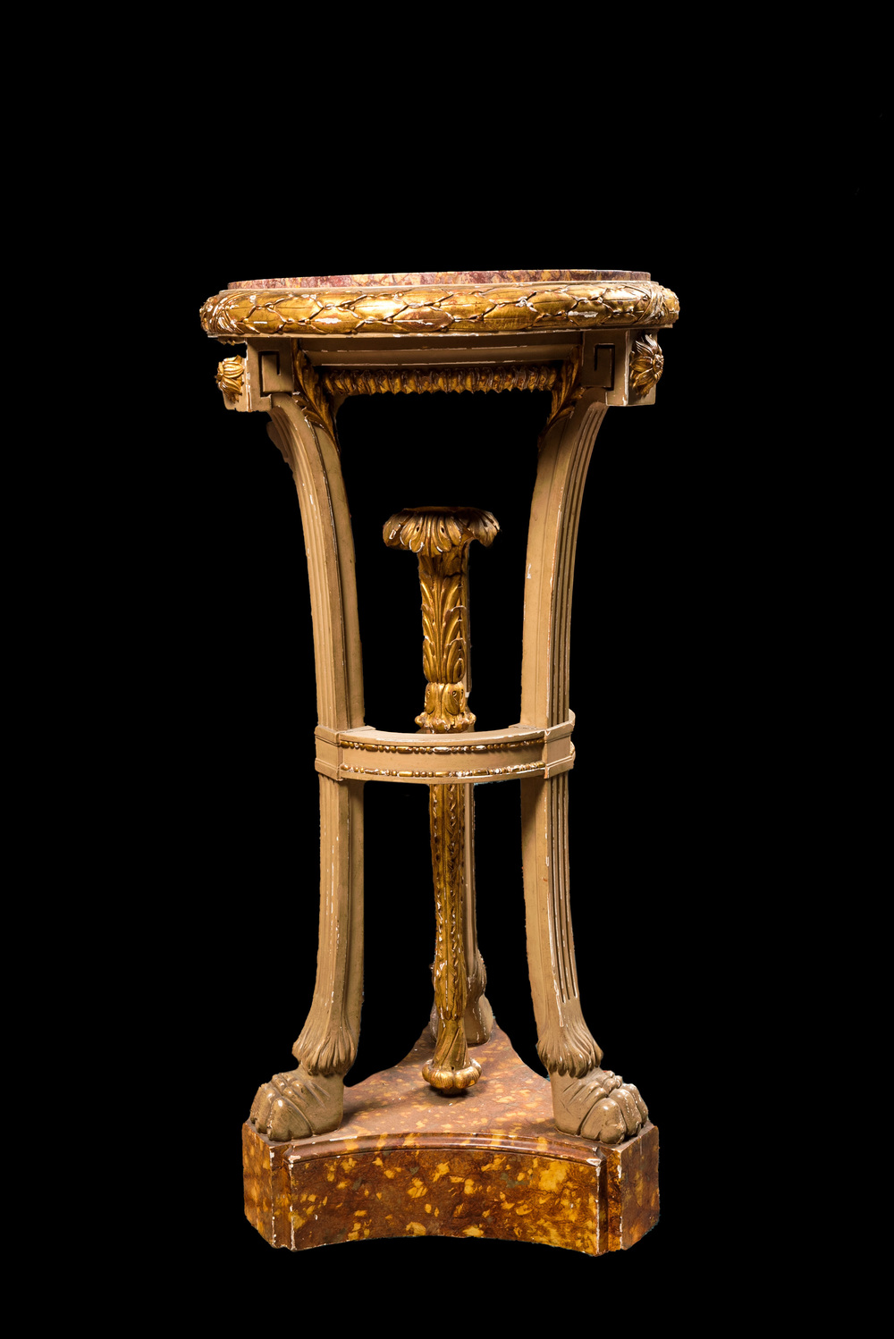 A gilt and painted wooden stand with marble top, 19th C.