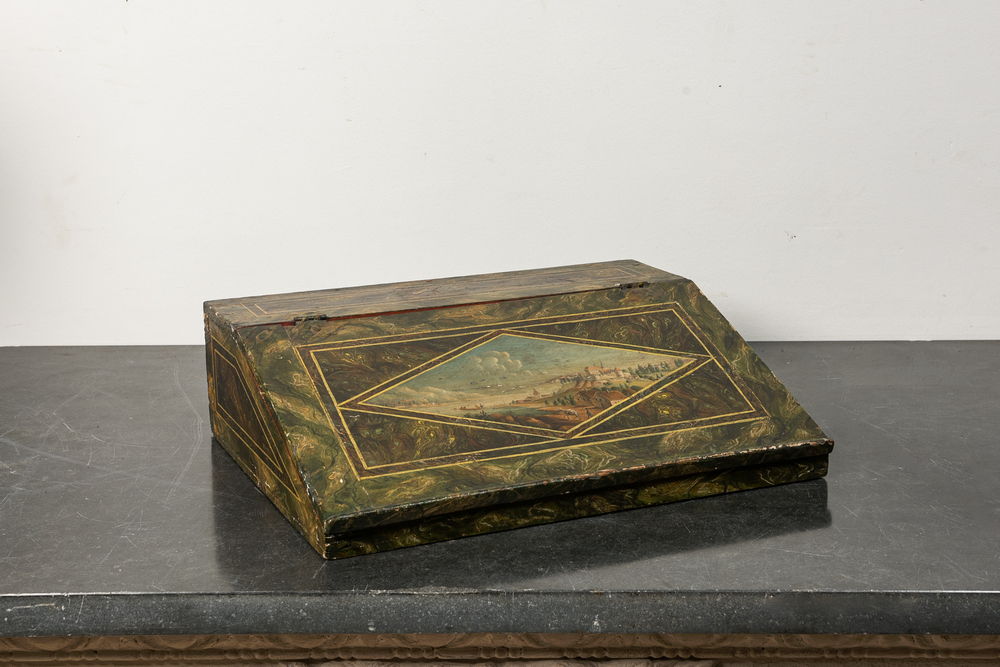 A German faux marble-painted writing box with a Danube view, 19th C.